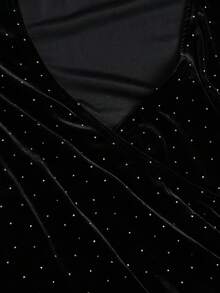 Balvessa Rhinestone Velvet Criss-Cross Neck Elegant Party Long Sleeve Women Bodysuit - Black - View 6