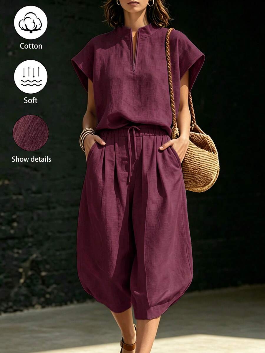 SHEIN Holidaya 新款淺色水洗亞麻POLO衫落肩3/4燈籠褲兩件套休閒度假風,適合度假、日常通勤與旅行 - 酒紅色 - 查看 1