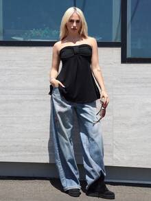 ROMWE Goth Tank Top Cami Pendek Berlipit Gaya Y2K Musim Semi/Panas, Atasan Pas Badan Serbaguna untuk Musim Panas - Hitam - View 1