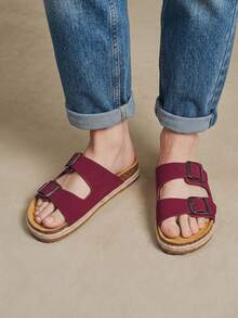 Solecia Sandal Musim Panas Wanita Terbaru dengan Sol Tali Rami, Model Slip-On dengan Hiasan Gesper Sabuk, Sandal Pantai Modis - Burgundy - View 4