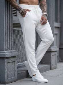 Manfinity CasualCool Men's Mature Casual Solid White Tapered Plus Size Long Pants - White - View 4