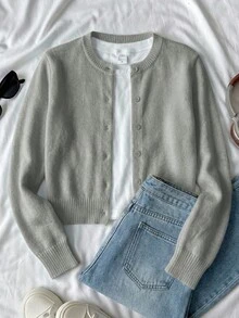 SHEIN 青少年女孩純色單排扣休閒百搭日常穿搭開襟衫 - 灰色 - 查看 3
