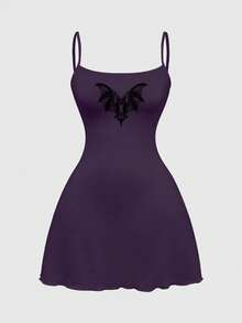 ROMWE Goth 哥德風暗黑神秘蝙蝠性感暗黑女孩全印花迷你女裝洋裝 - 紫色 - 查看 1