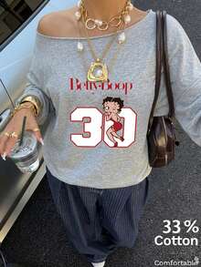 Betty Boop x SHEIN SHEIN EZwear 淺灰色女款露肩聯名印花鬆身休閒長袖衛衣，34%棉，適合外出、返校、街頭穿搭，春秋款 - 灰色 - 查看 9