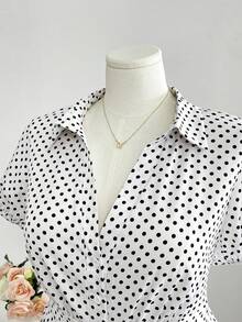 SHEIN CURVE+ Plus Size Polka Dot Short Sleeve Shirt With Button Down Collar - White - View 5