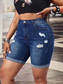 Slaydiva Plus Size Women's Ripped Fashionable Casual Loose Fit Versatile Stretch Denim Shorts Formal Beach Blue Summer - Dark Wash - View 4