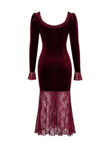 Balvessa Elegant Date Holiday Festival Gothic Halloween Burgundy Velvet Fitted Midi Dress Spring Summer Autumn Square Neck Petal Sleeve Lace Patchwork - Burgundy - View 5