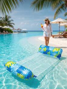2/3pcs Adult Hammock Style Multi-Functional Inflatable Swimming Pool Float, Thick PVC Waterproof Floating Lazy Person, Leaf Printing Design, Summer Swimming Pool Thickened Single Person Lounge Chair Inflatable Float, Water Lounge Chair. - A - View 5