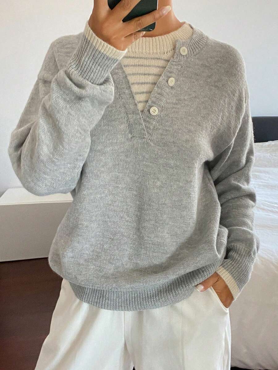 DAZY Women's Colorblock Loose Long Sleeve Casual Vacation Formal Elegant Spring Autumn Knit Sweater - Grey - View 1