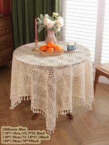 Cirelle 1pc Boho Crochet Round Tablecloth, Vintage Knit Hollow Out Table Cover With Tassels, Rustic Macrame Tablecloth For Dining Room, Kitchen, Cafe Decor - Beige - View 21