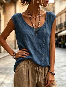 SHEIN 女款素色圓領休閒百搭日常穿著襯衫 - 藏蓝色 - 查看 6