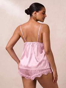 SHEIN BAE CURVE 蕾丝边缎面吊带背心和短裤睡衣套装/睡衣套装 - 粉色 - 查看 2