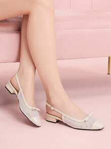 CUCCOO DOLLMOD Women's Exquisite Square Toe Beige Simple Commuter Workplace Wear Low Heel Thick Heel Shoes Exposed Heel Shoes - 網/白 - 查看 4