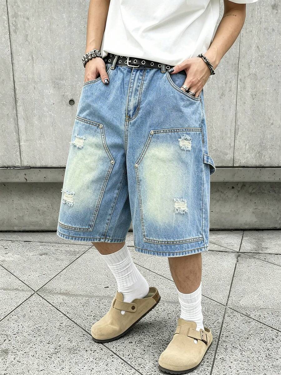 Manfinity EMRG 美式街頭風中性牛仔短褲 - 藍色 - 查看 1