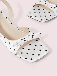 CUCCOO DOLLMOD Women's Shoes, Beige Upper Black Polka Dots, Satin Texture, Back Strap Sandals, Bow Square Toe Low Chunky Heels, Elegant Commuting Out Versatile Fash - Black and White - View 6