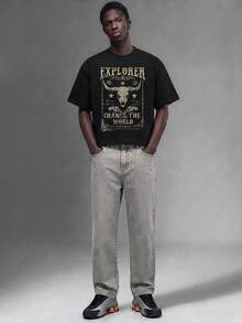 Salvezio American Vintage Western Cowboy Poster Fashion Print Pattern Men's Black Standard Size Drop Shoulder Short Sleeve T-Shirt - Black - View 3