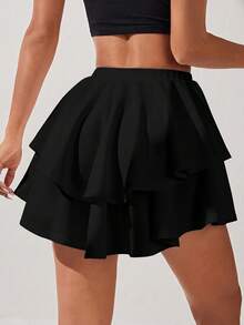 SHEIN PETITE High Waist Layered Hem Ruffle Skirt - Black - View 2