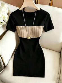 SHEIN Fashion Fitted Sexy Round Neck Textured Patchwork Short Sleeve Women's Dress - Black - View 5