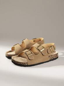 Solecia Three-Buckle Rear Strap Cork Sandals Women, Retro Suede Adjustable Buckle To Wear Boken Sandals - tawny - View 9