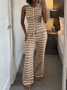 Livesso Women's 2 Pieces Set: Summer/Autumn Round Neck Sleeveless Button Striped Knit Slim Top With Loose Wide Leg Long Pants, Khaki Lounge Sets For Women - Khaki - View 5