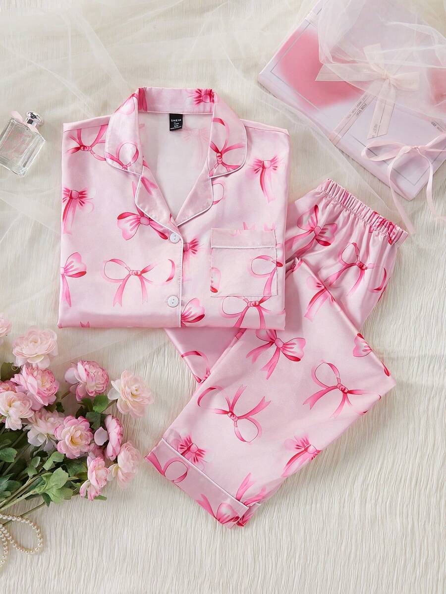 SHEIN Teen Girls Satin Bow Print Long Sleeve Pants Pajama Set Spring Autumn - Pink - View 1