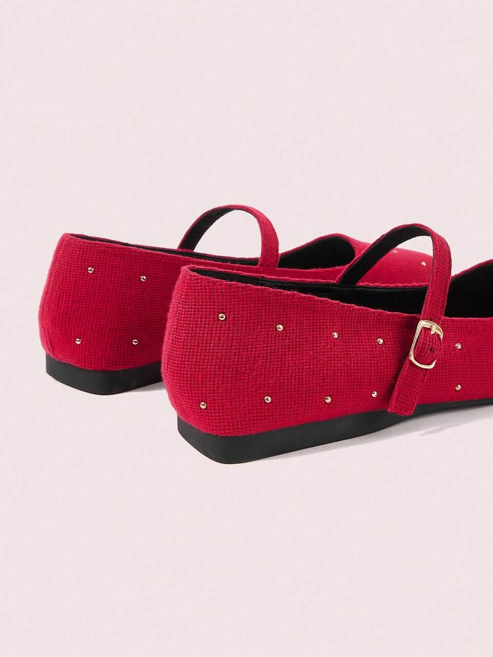 CUCCOO DOLLMOD Red Suede Mary Square Toe Mini Rivet Decorative Strap Flat Shoes Fall Shoes