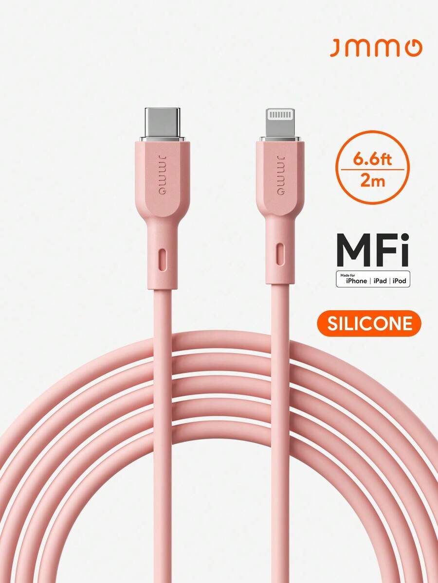 JMMO 1件 矽膠 USB-C 轉 Lightning 充電線，Type-C 充電線 6.6FT/2M 18W [MFi 認證] - 粉色 - 查看 1