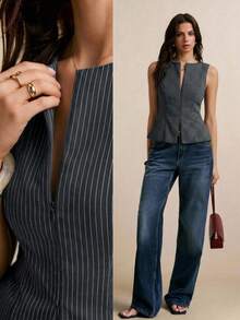 Poéselle Women's Striped Casual Versatile Commute Travel Blazer Jacket - Dark Grey - View 1