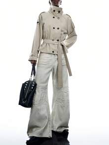 LYSMO Women's Solid Color Raglan Sleeve Double-Breasted Casual Trench Coat Office Wear For Women Going Out Outfits - White - View 5