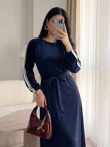 Solavon Gaun Sweatshirt Kasual Lengan Panjang Raglan dengan Garis Samping untuk Wanita - Royal Blue - View 3