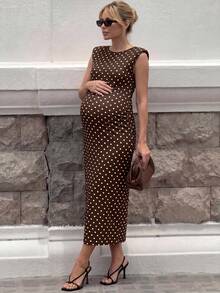 MaterniWear Maternity Brown Print Round Neck Slim Fit Elegant 1920 Vintage Casual Dress Photoshoot Formal Summer - Brown - View 3