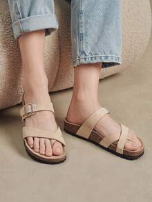 Solecia Women's Adjustable Buckle Casual Beach Slippers For Christmas Summer Shoes - apricot flannel - View 10