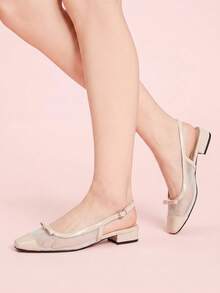 CUCCOO DOLLMOD Women's Exquisite Square Toe Beige Simple Commuter Workplace Wear Low Heel Thick Heel Shoes Exposed Heel Shoes - 網/白 - 查看 3