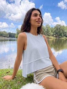 Exploreva Exploreva Tank Top Wanita Kasual Musim Panas Warna Polos untuk Aktivitas Luar Ruangan - Biru - View 5