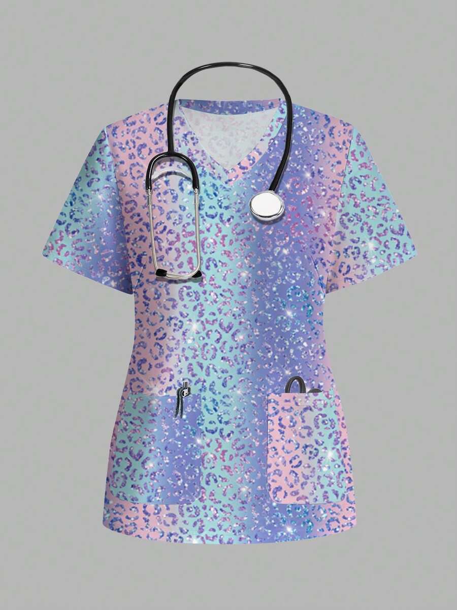 PopScrub Casual Minimalist Scrub Top, Cute Leopard Print Colorful Pattern, Suitable For Work Commute, Pet Hospital - Multicolor - View 1