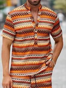 Manfinity CasualCool Men's Plus Size Japanese Vintage Colorblock Wavy Striped Shirt - Multicolor - View 3
