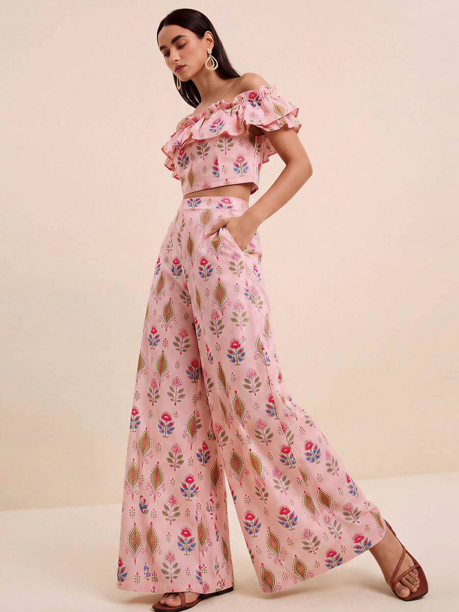 LOTSLUV Women's Early Autumn Elegant Commute, Pink Print, Off-Shoulder Cropped Top And Printed Long Pants Two Pieces Set,Vacation Outfits,Office Casual - Pink - View 1