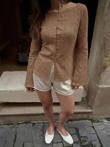 Siren Gaze Blus Lengan Panjang Bordir Terbaru untuk Wanita, Cocok untuk Semua Musim - Khaki - View 8