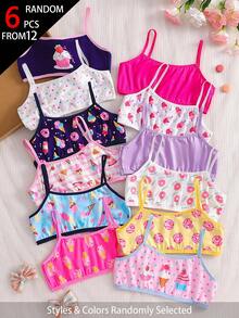 SHEIN Genkimix Kids 6件隨機混款可愛甜點、甜甜圈、女孩、冰淇淋、蛋糕印花舒適細肩帶背心上衣 - 彩色 - 查看 3