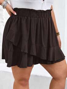 SHEIN CURVE+ Curve Size US22Music Festival, Seaside Vacation, Bohemia Women Solid Color Ruffle Hem Loose Shorts - Brown - View 4