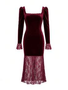 Balvessa Elegant Date Holiday Festival Gothic Halloween Burgundy Velvet Fitted Midi Dress Spring Summer Autumn Square Neck Petal Sleeve Lace Patchwork - Burgundy - View 4