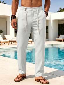 VENTUSAIL Men's Solid Color Drawstring Linen-Feel Casual Pants, Long Trousers With Pockets, Suitable For - Light Grey - View 3