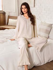 Serenescape Vacation Style Printed V-Neck Lace Trim Long Sleeve Loose Pants Women's Pajama Set - Multicolor - View 3
