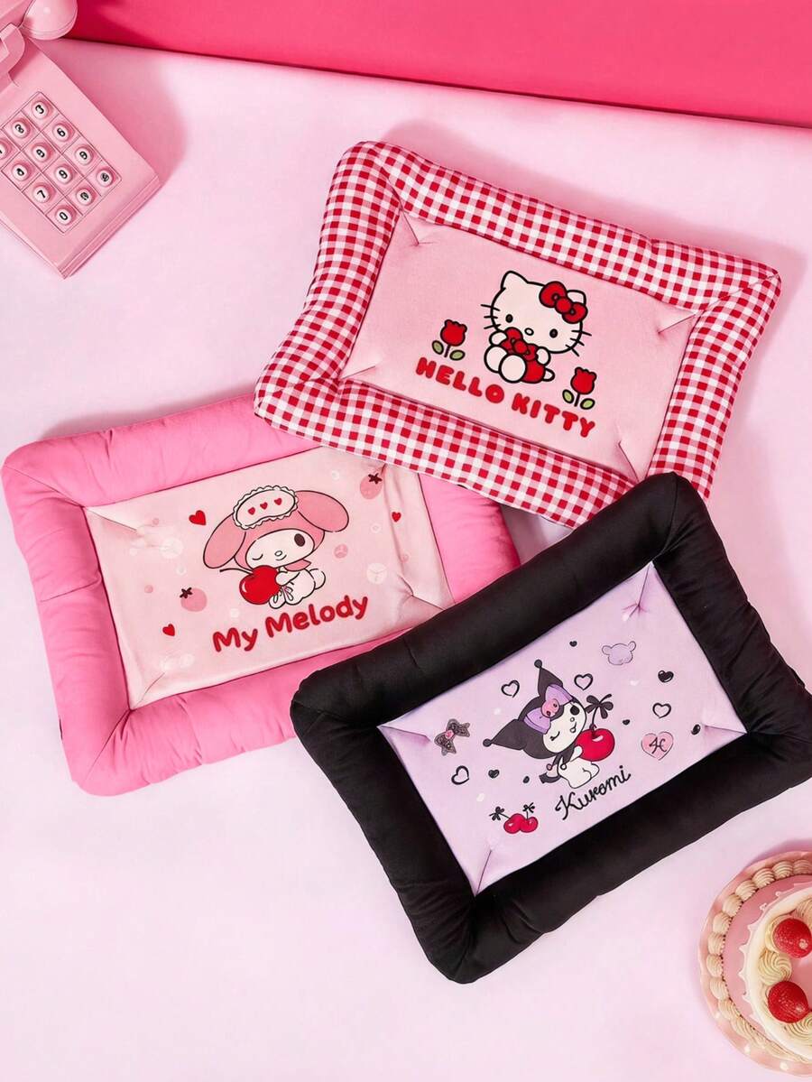 HELLO KITTY AND FRIENDS | PETSIN 1個可愛小貓玫瑰印花寵物窩附蝴蝶結,惡魔小貓與大耳小貓字母印花,配色拼接柔軟透氣防滑寵物床,適合居家、旅行,生日或週年紀念的舒適禮物 - 彩色 - 查看 1