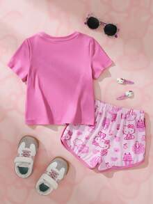HELLO KITTY AND FRIENDS | SHEIN 女嬰字母印花短袖T恤與短褲休閒套裝 - 粉色 - 查看 2