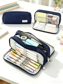 Japanese & Korean Style, Macaron Colors, Unisex, Transformable, Large Capacity, Upgraded Pencil Case/Box, New Model, Pen Holder, Stationery Pouch, Student Pencil Bag, Storage Pouch, Minimalist Storage Pouch. - navy blue - View 6