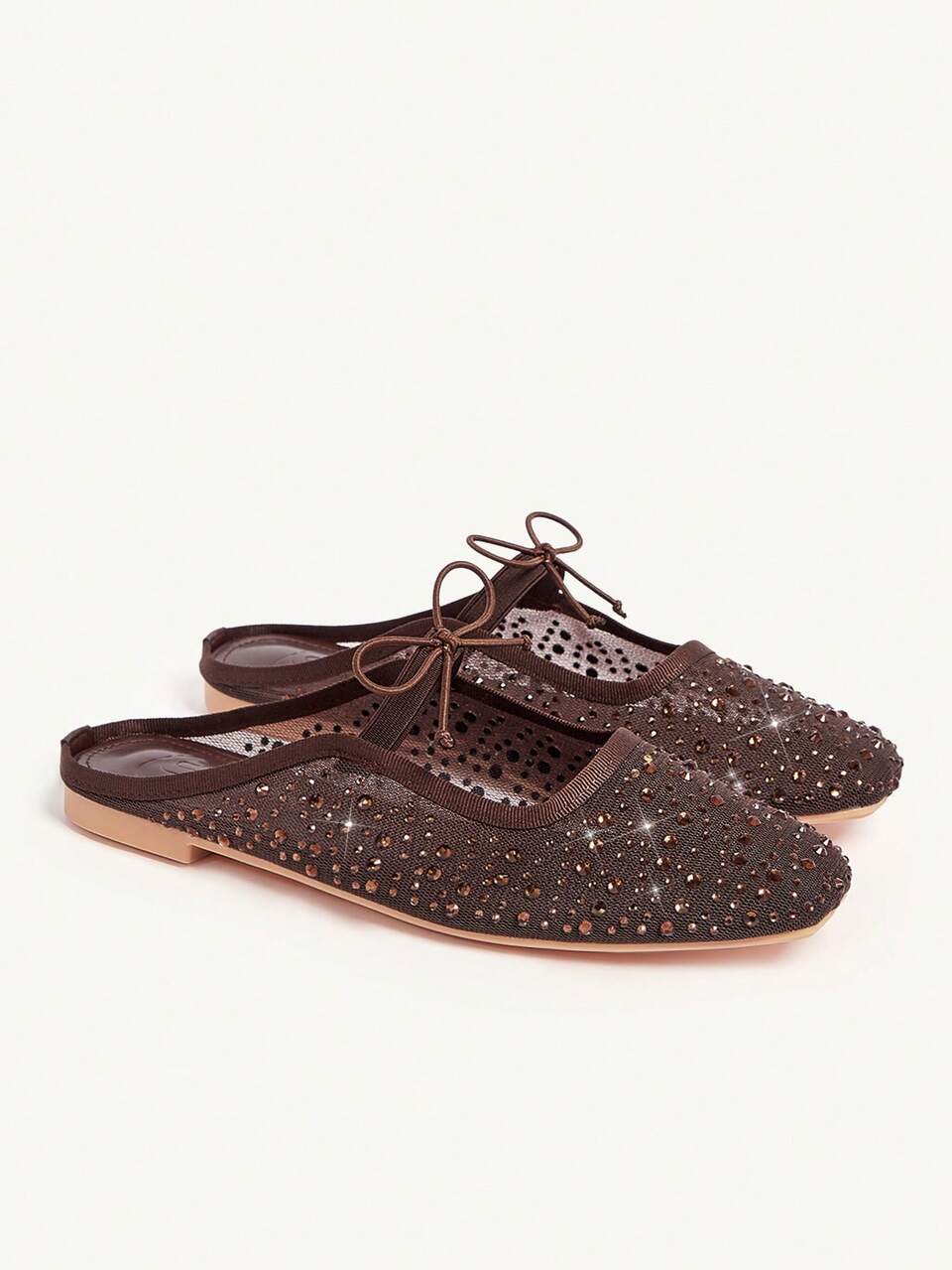 CUCCOO CHICEST Fashion Brown Mesh Rhinestone Bow Women's Flat Mules Shoes Fashionable Breathable Cute Sweet Elegant Women's Flat Backless Shoes Slippers