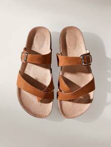 Solecia Women's Adjustable Buckle Casual Beach Slippers For Christmas Summer Shoes - Camel flannel - View 3
