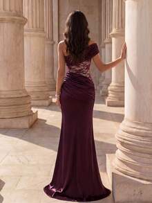 Coutiva Vestido de noche formal elegante de mujer con parches de encaje y fruncido en la cintura - Burdeos - Ver 2