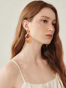 MOTF PREMIUM Retro Multi-Layer Gradient Tortoiseshell Amber Fringed Earrings, Multiple Oval Hemming Gold-Plated Long Banquet Earrings - Gold brown fringed earrings - View 5